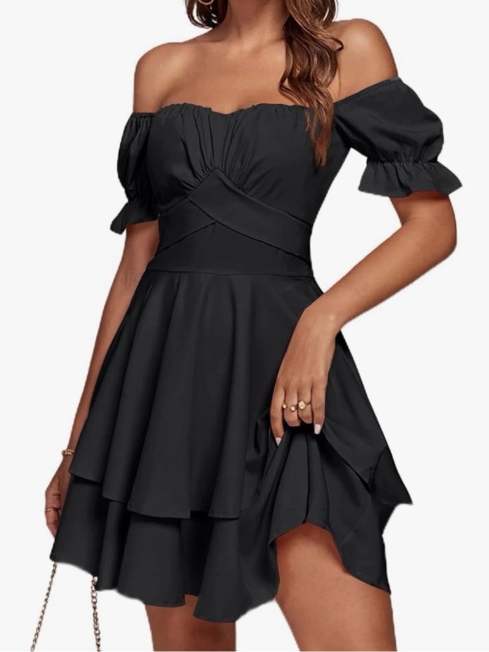 LYANER Off Shoulder Wrap Ruffle Puff Short Sleeve Ruched Tie Back Dress XL NWT